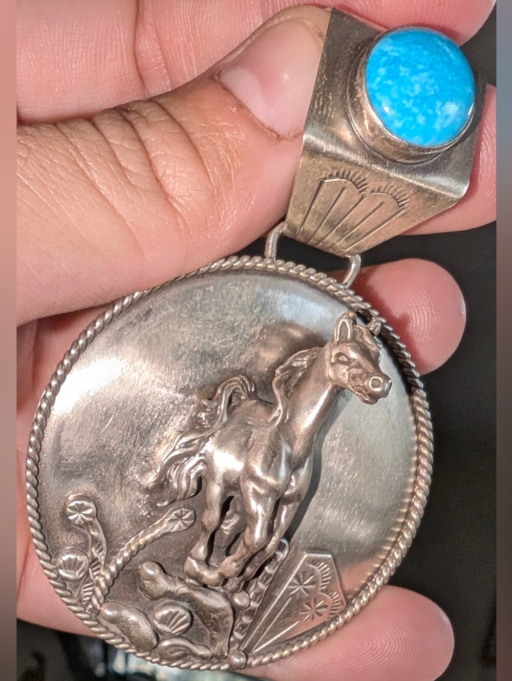 INCREDIBLE 3D Turquoise & Sterling Horse Pendant SIGNED RUNNING BEAR